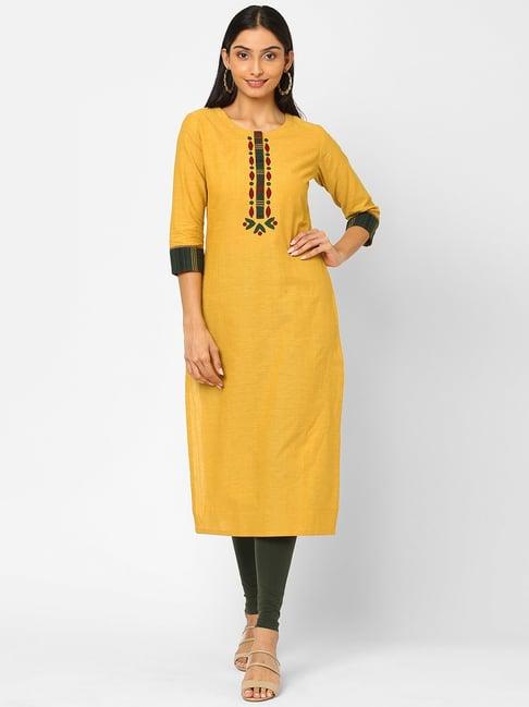 kami kubi yellow cotton embroidered straight kurta