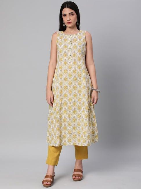 kami kubi yellow cotton printed a line kurta