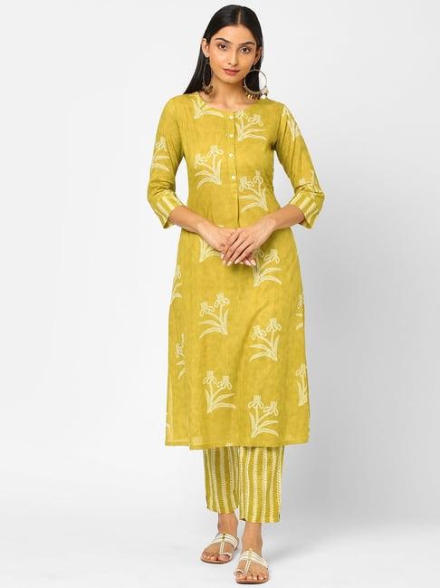 kami kubi yellow cotton printed kurta pant set