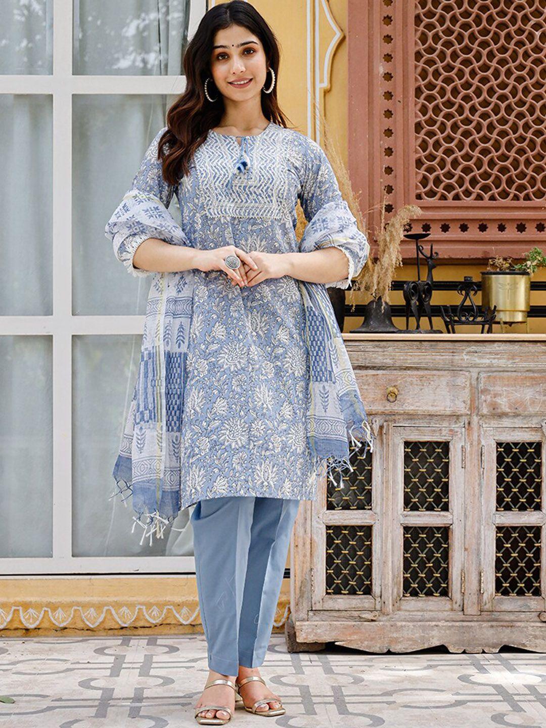 kamodinee women blue ethnic motifs printed pure cotton kurta with trousers & with dupatta