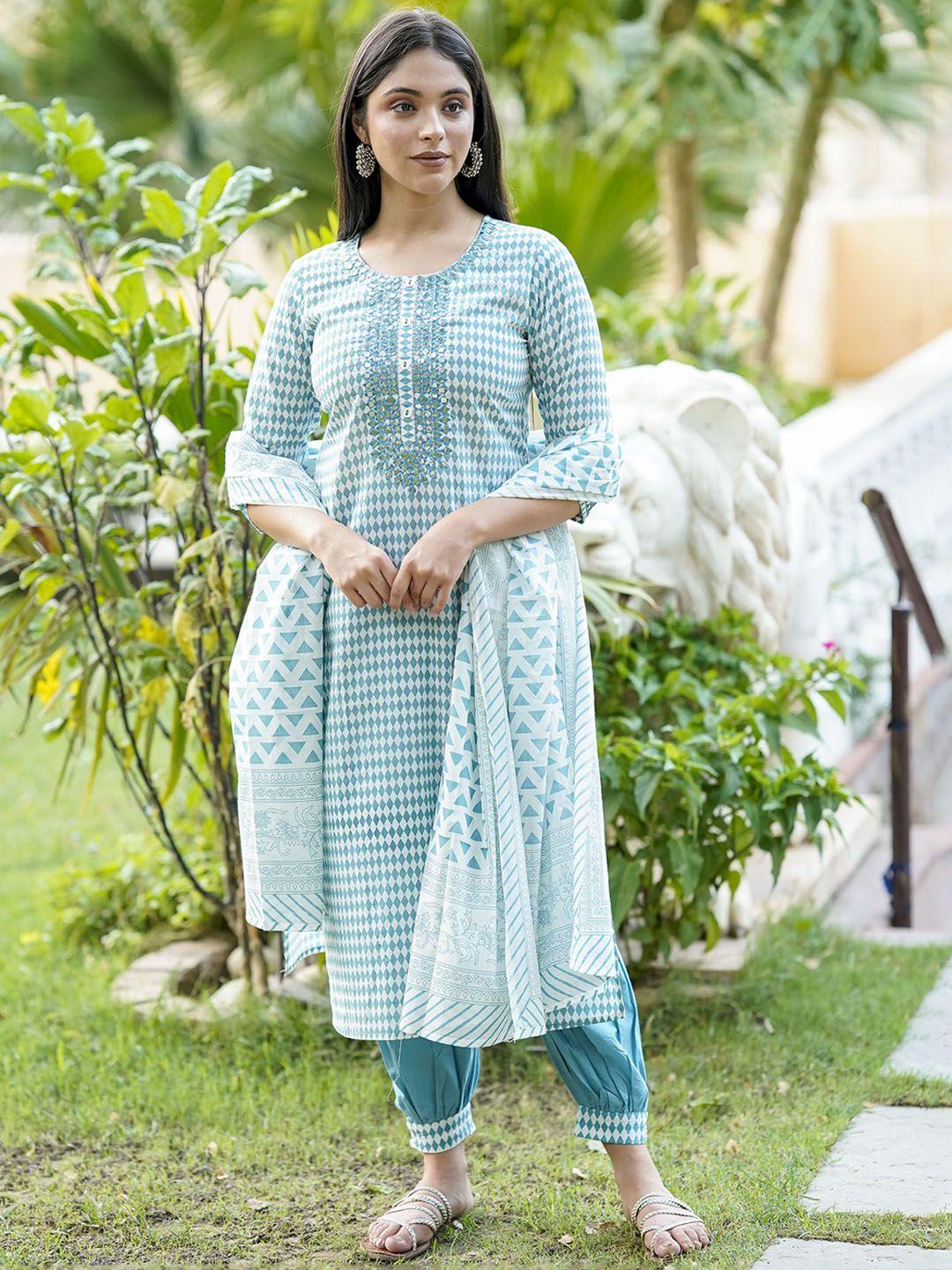 kamodinee women blue printed mirror work pure cotton kurta with trousers & with dupatta