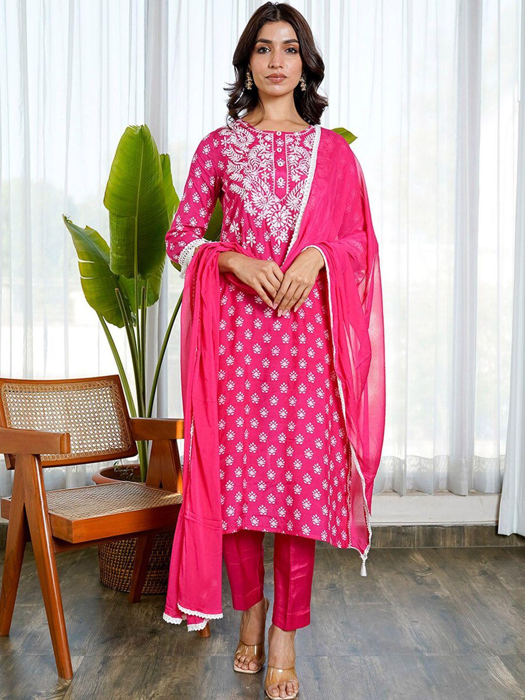 kamodinee women floral printed thread work kurta with trousers & dupatta