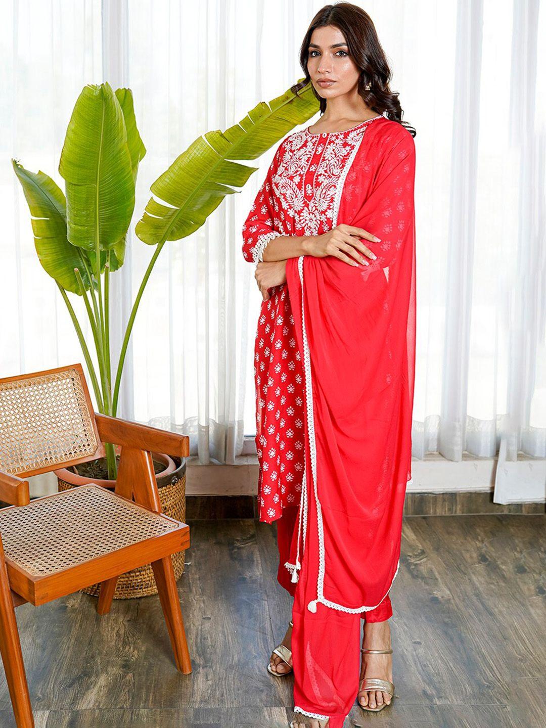 kamodinee women red ethnic motifs printed kurta with trousers & with dupatta