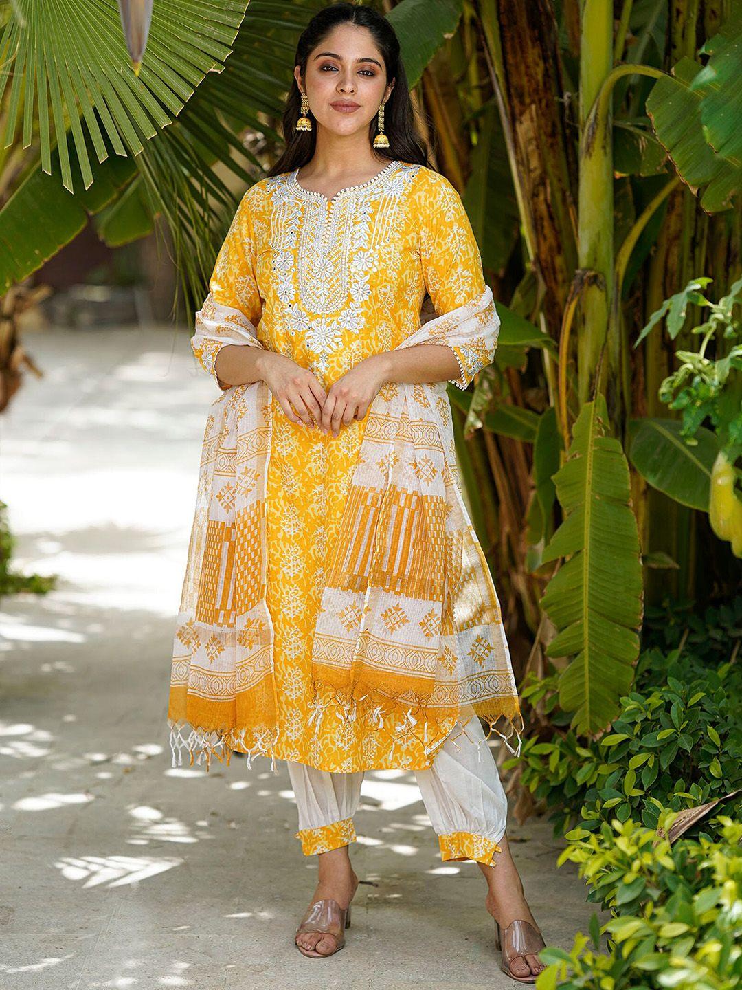 kamodinee women yellow ethnic motifs printed pure cotton kurta with trousers & with dupatta