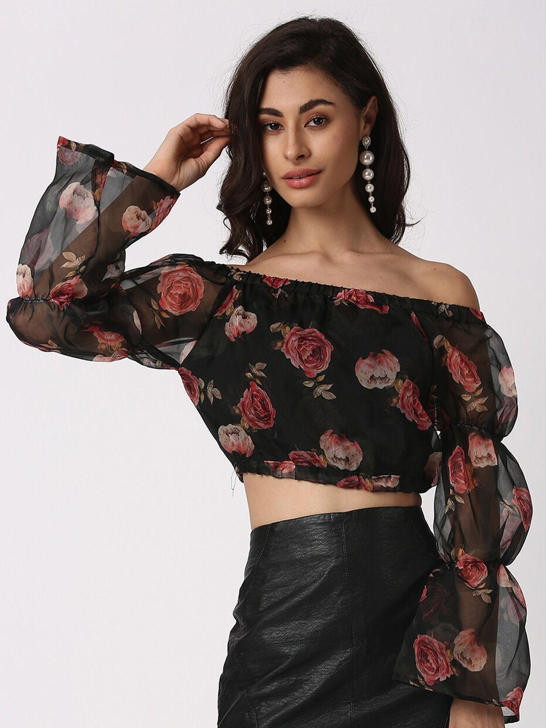kamphire black & red floral print off-shoulder bardot crop top