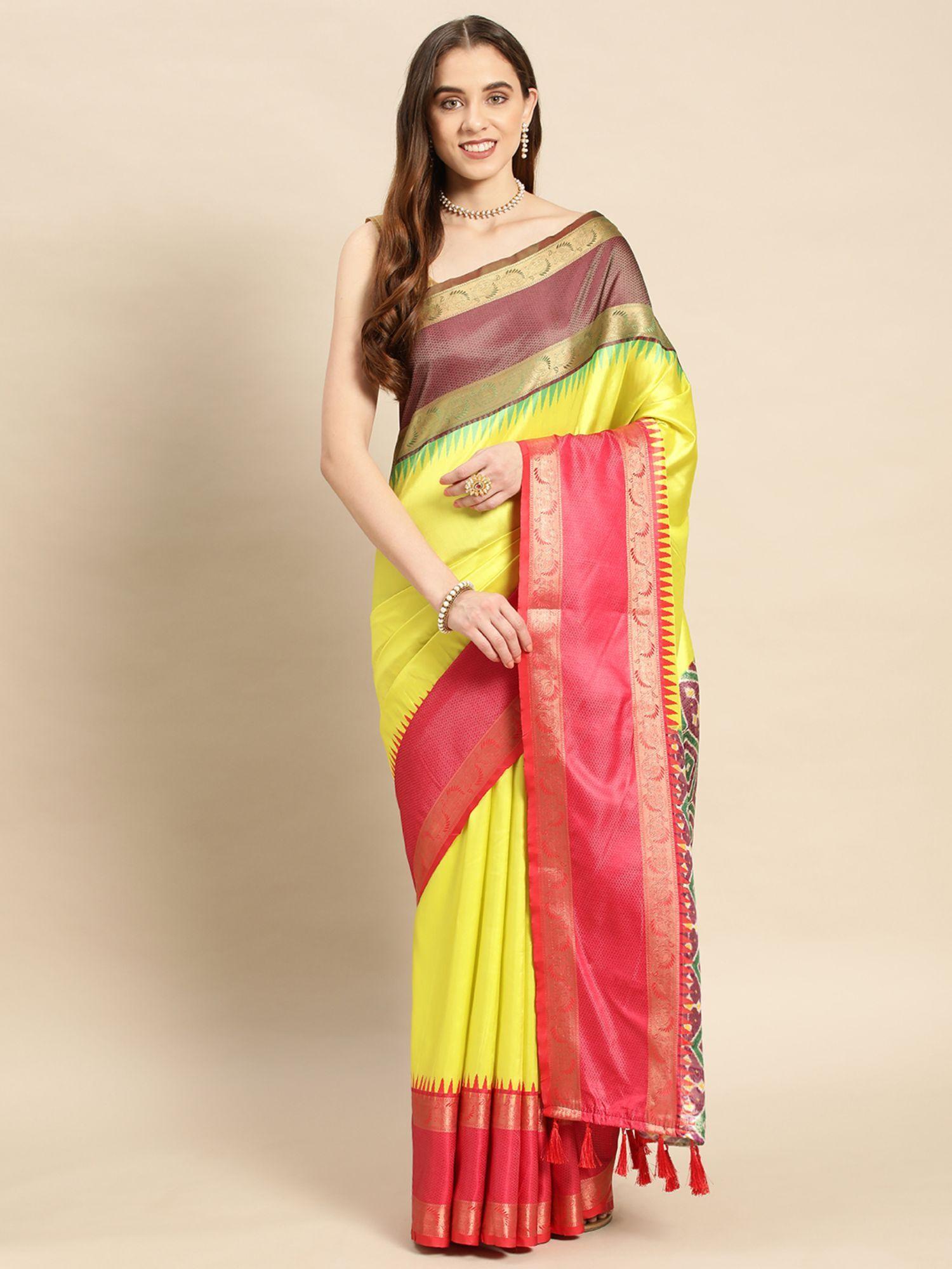 kanchi rich pallu zari border soft silk yellow saree with unstitched blouse