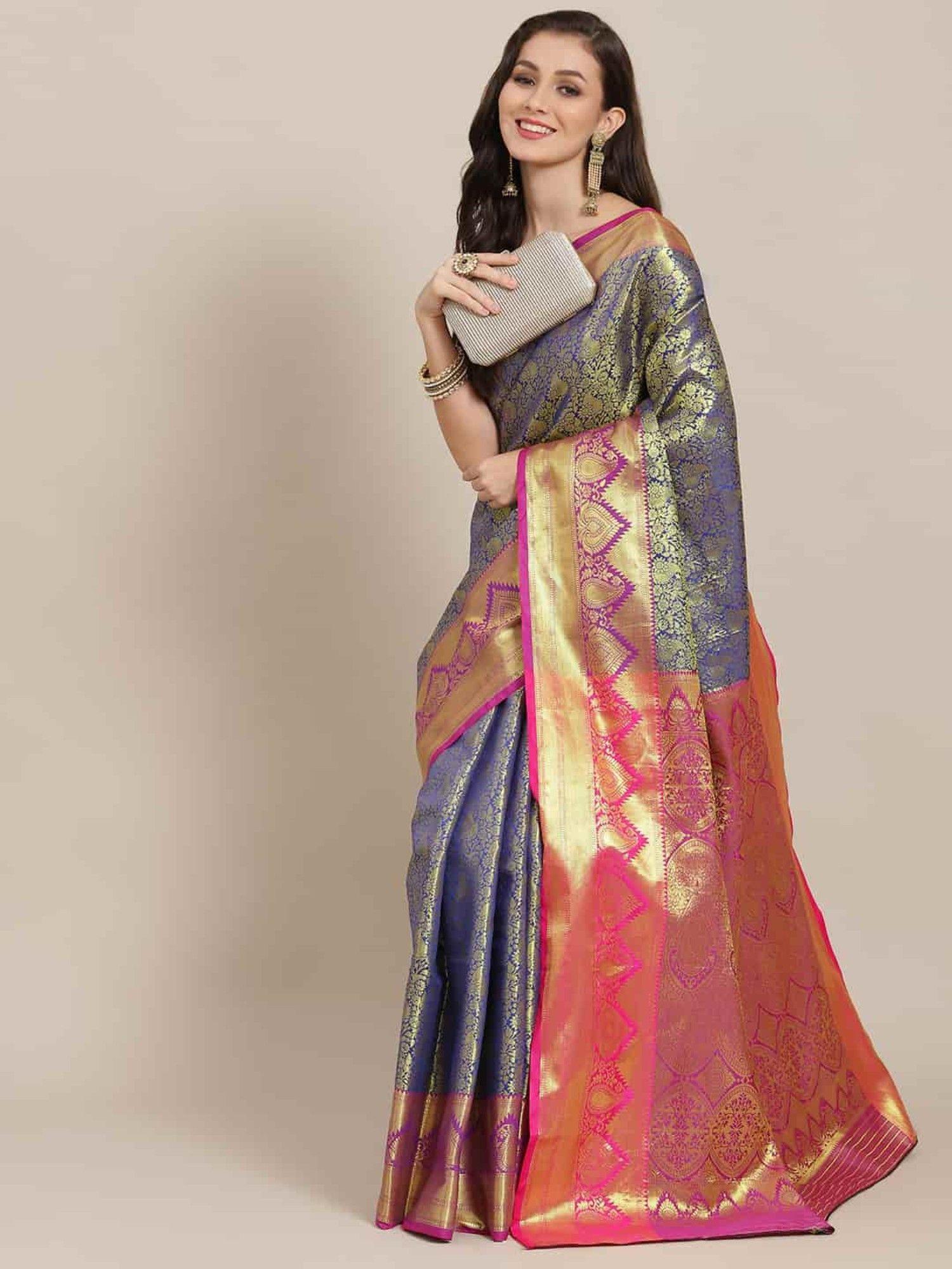kanchipuram soft silk zari woven saree with unstiched blouse navy blue & gold