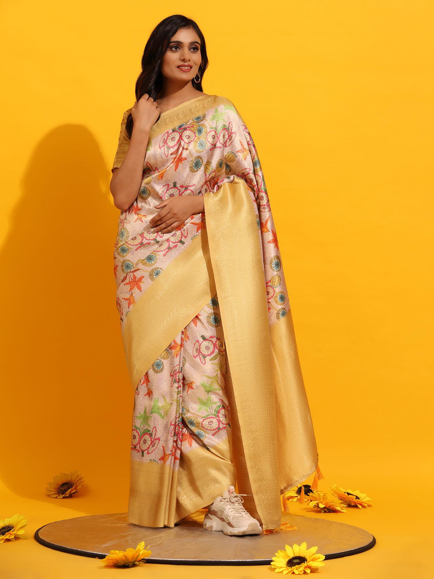 kanchipuram pattu digital print silk yellow saree with unstitched blouse