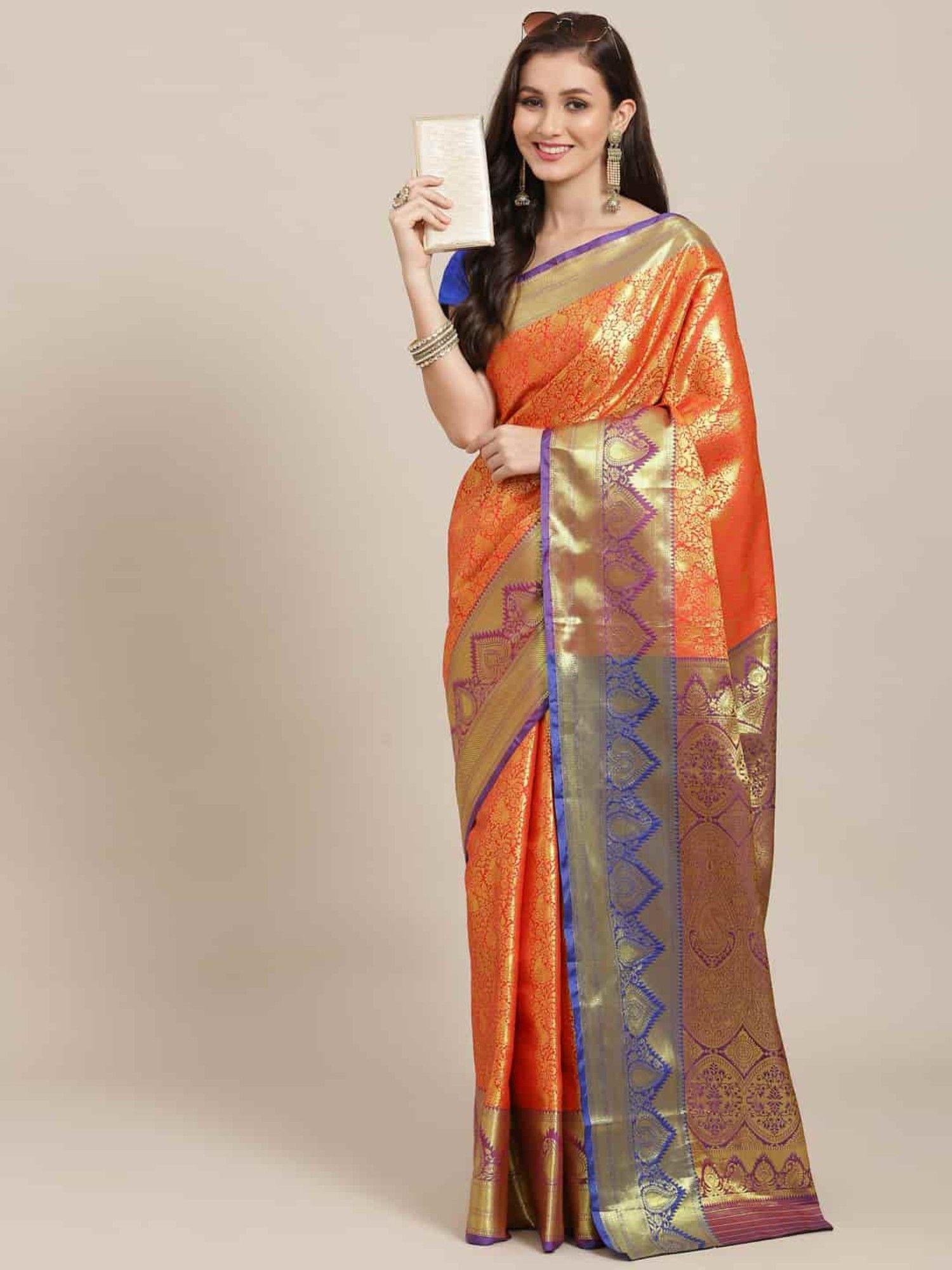 kanchipuram soft silk zari woven saree with unstiched blouse piece red & gold