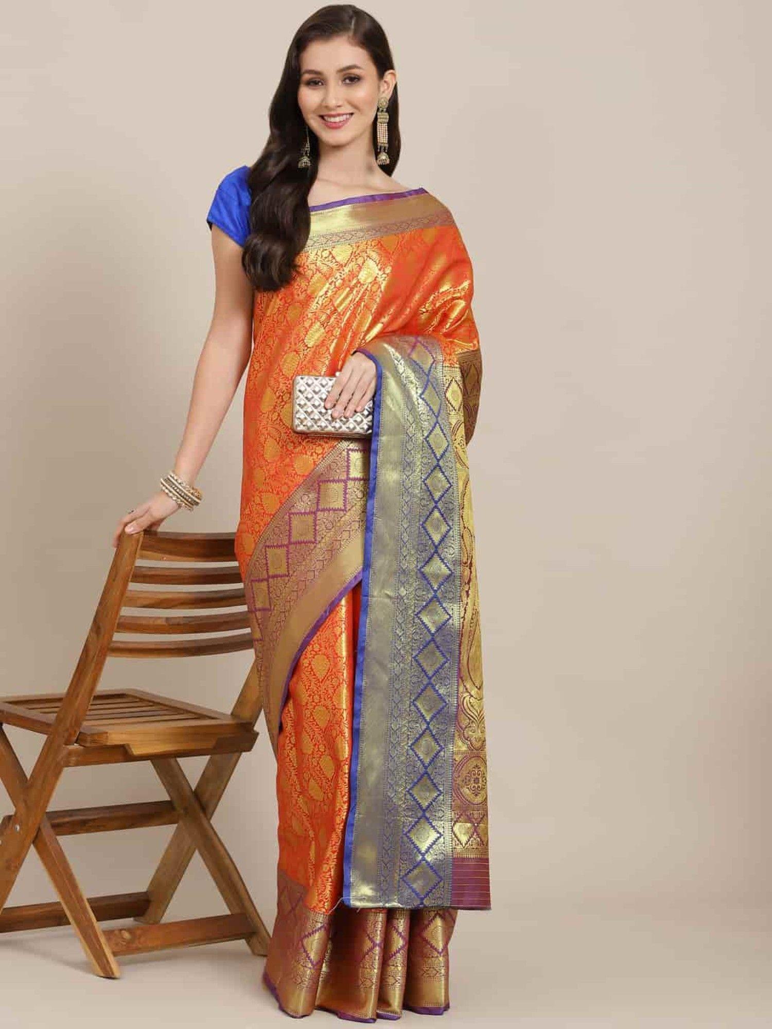 kanchipuram soft silk zari woven saree with unstiched blouse piece red & gold