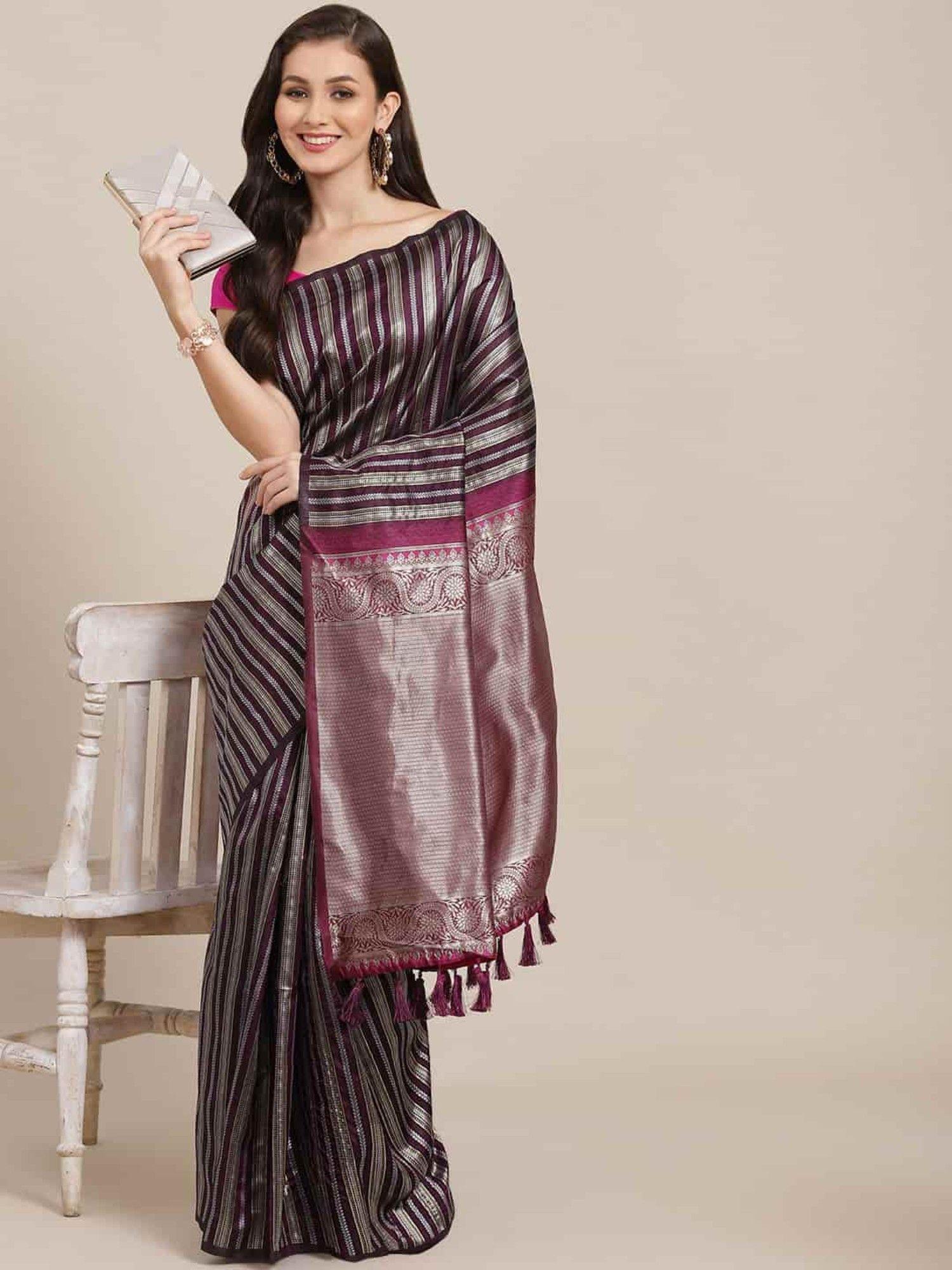 kanchipuram soft silk zari woven saree with unstiched blouse purple & silver