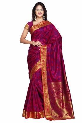 kanchipuram weave zari border and rich zari pallu with contrast blouse piece - multi