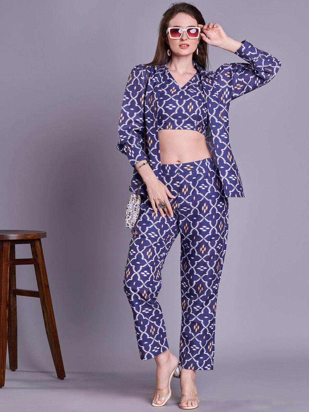 kandora printed crop top with jacket & trousers co-ords