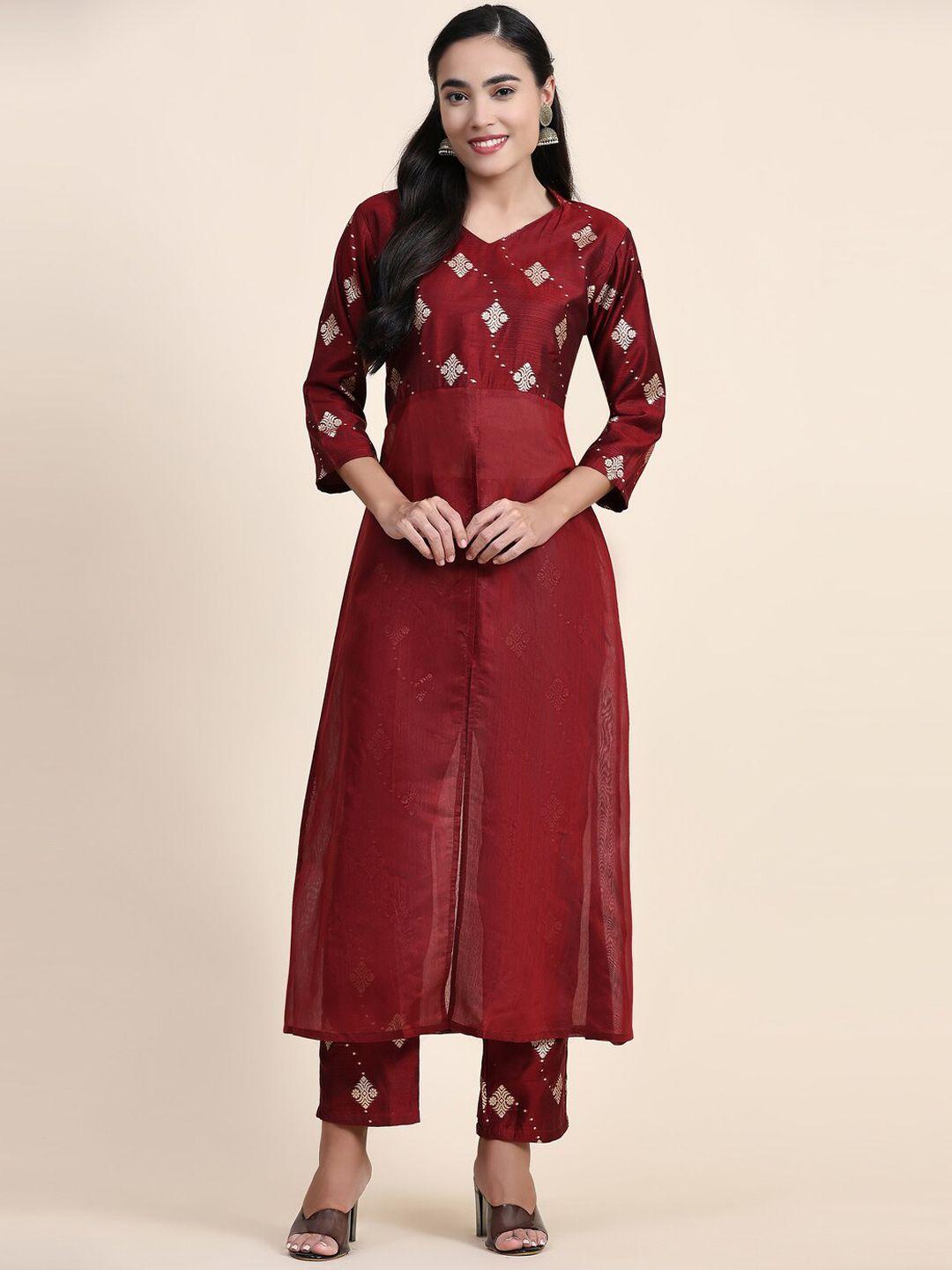kandora women floral high slit chanderi silk kurta with trousers