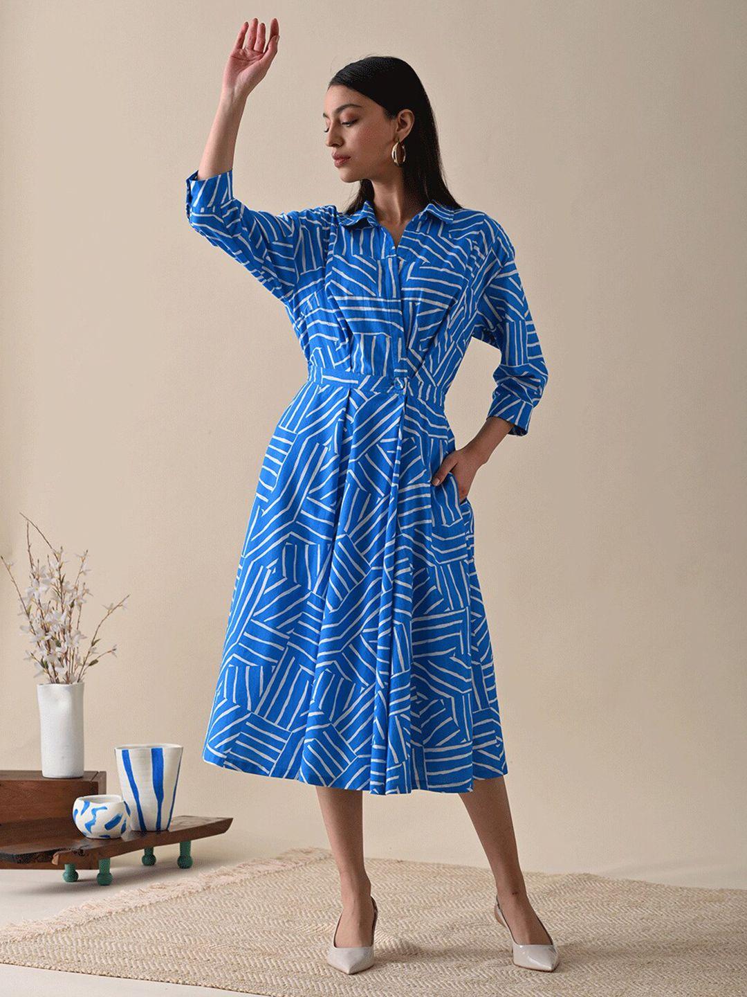 kanelle geometric printed fit & flare cotton midi dress