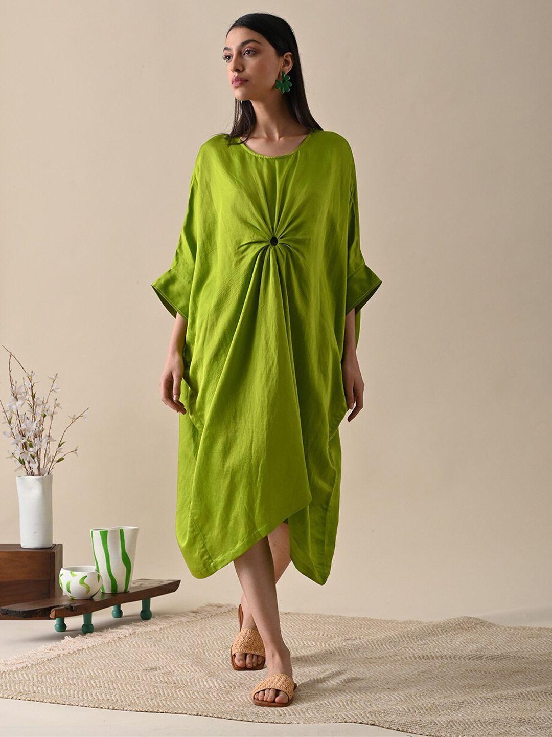 kanelle kimono sleeve linen satin kaftan midi dress