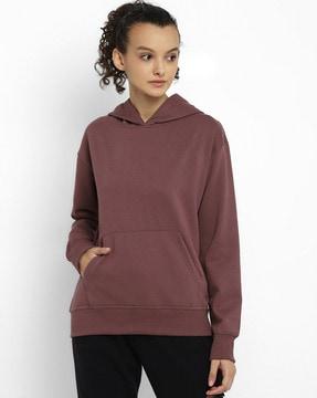 kangaroo pocket hoodie with ribbed hem