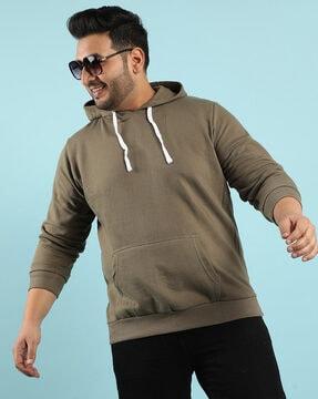 kangaroo pocket hoodie with ribbed hem