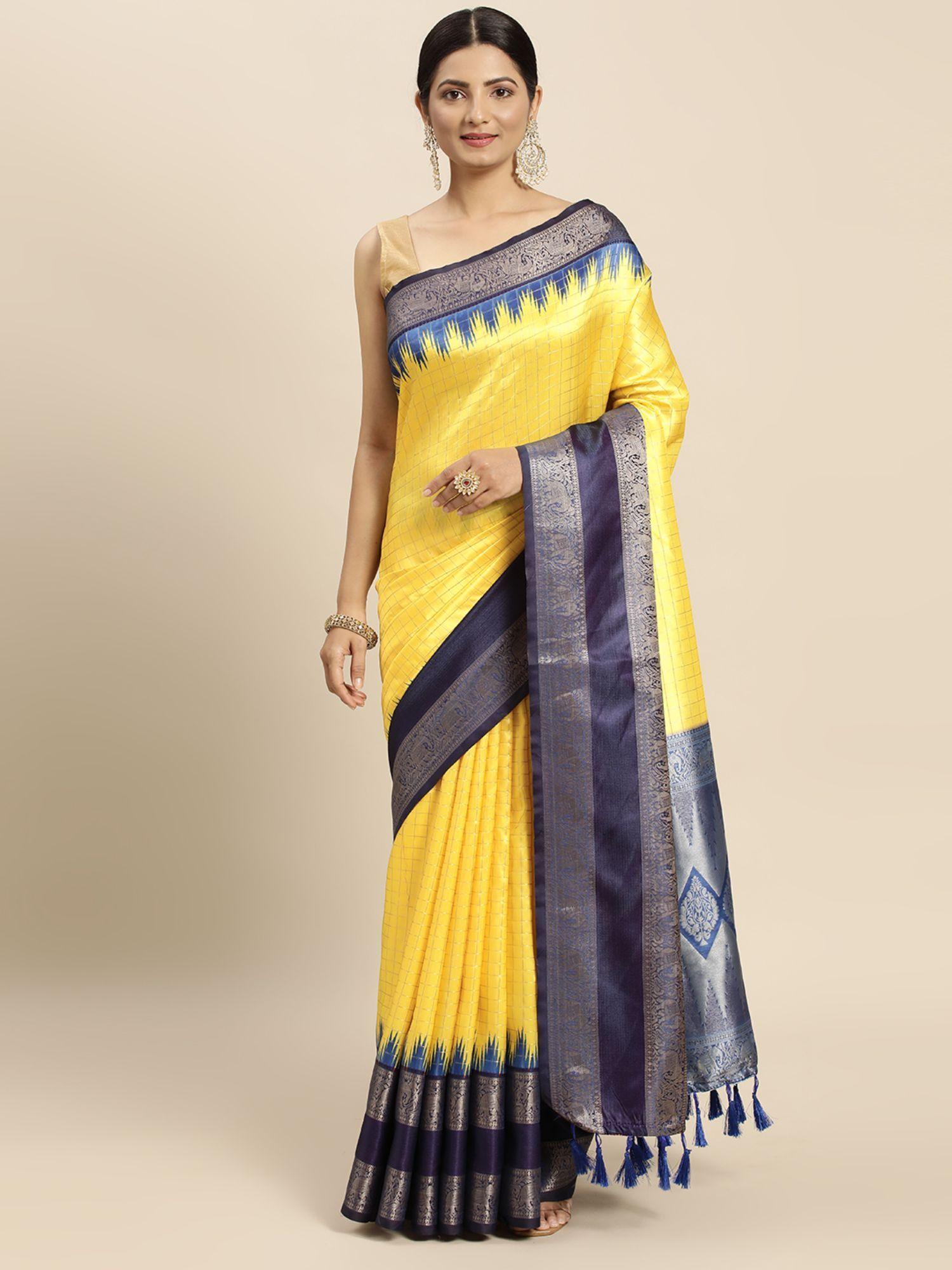 kanjeevaram/kanchipuram banarasi silk blend checks saree with unstitched blouse