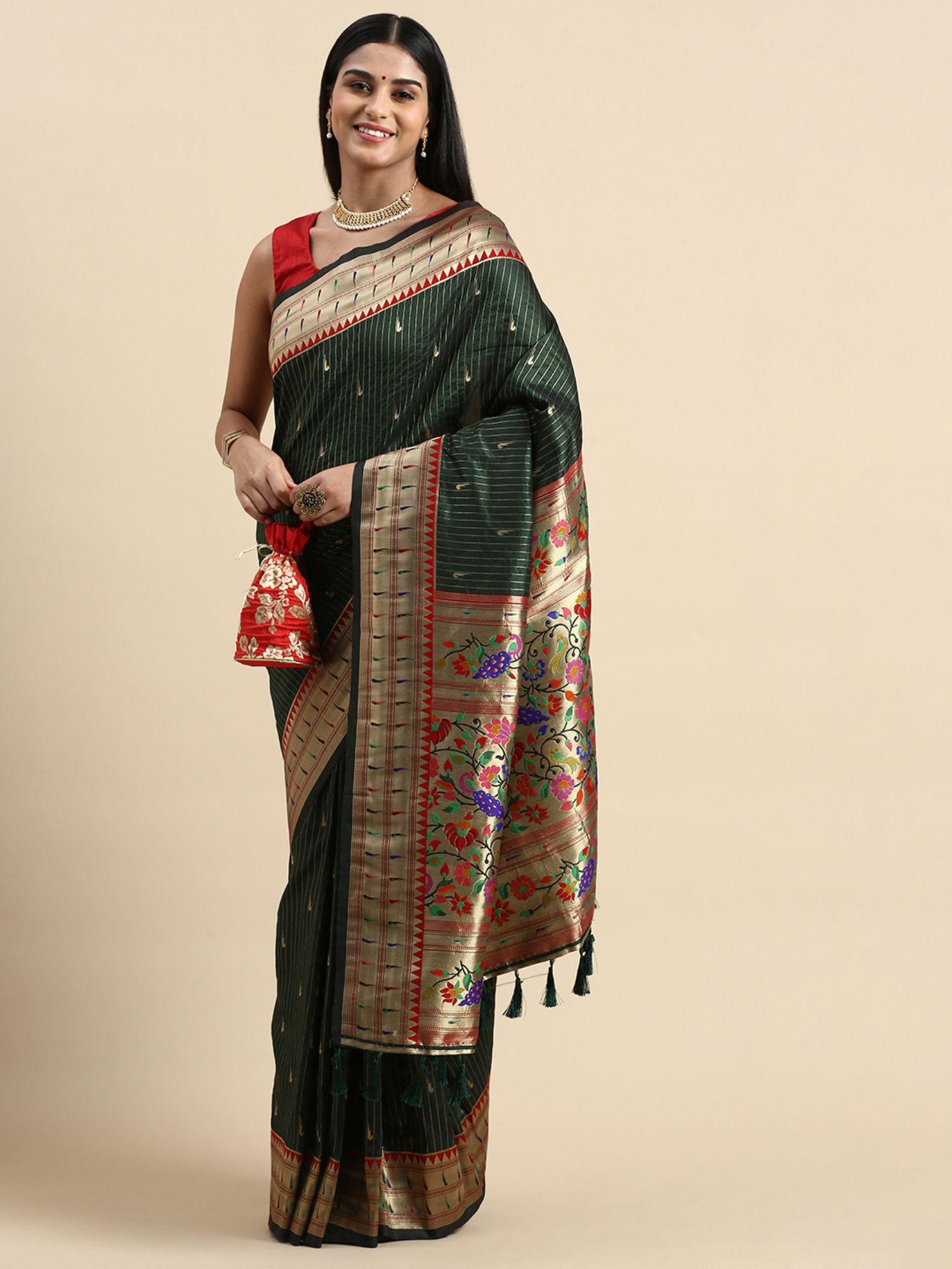 kanjeevaram stripes pattern zari woven design silk saree with unstitched blouse