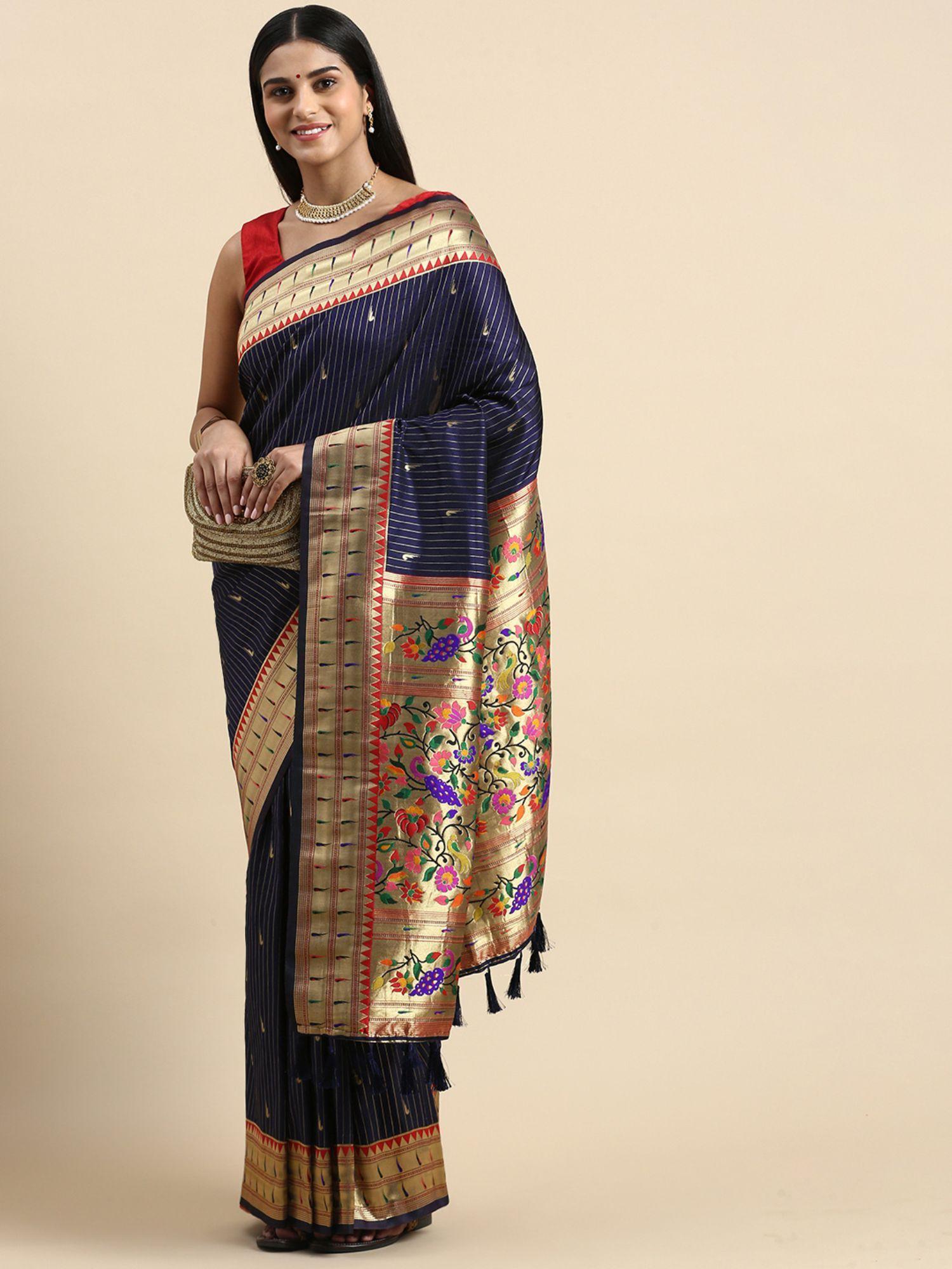 kanjeevaram stripes pattern zari woven design silk saree with unstitched blouse