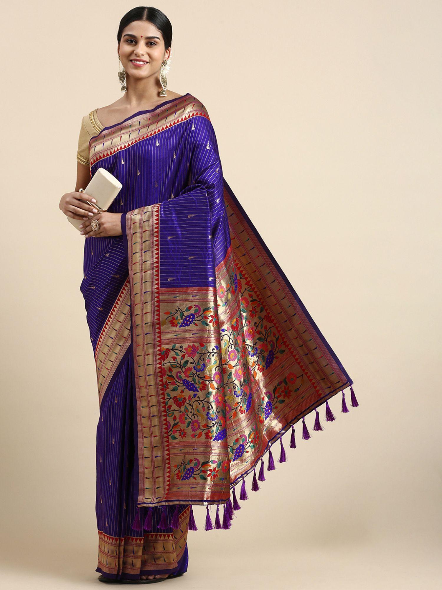 kanjeevaram stripes pattern zari woven design silk saree with unstitched blouse