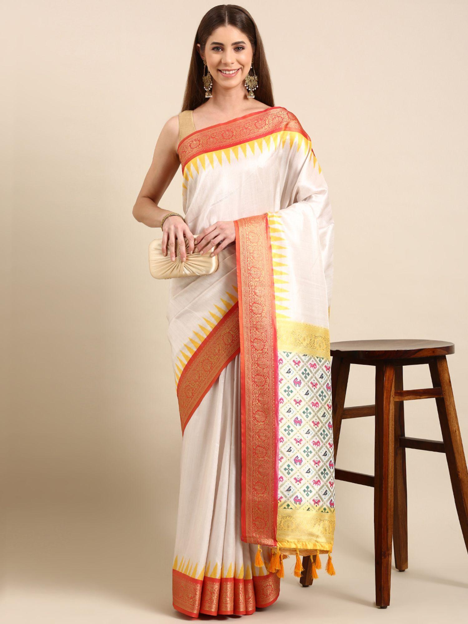 kanjeevaram zari woven design silk blend banarasi patola saree with unstitched blouse