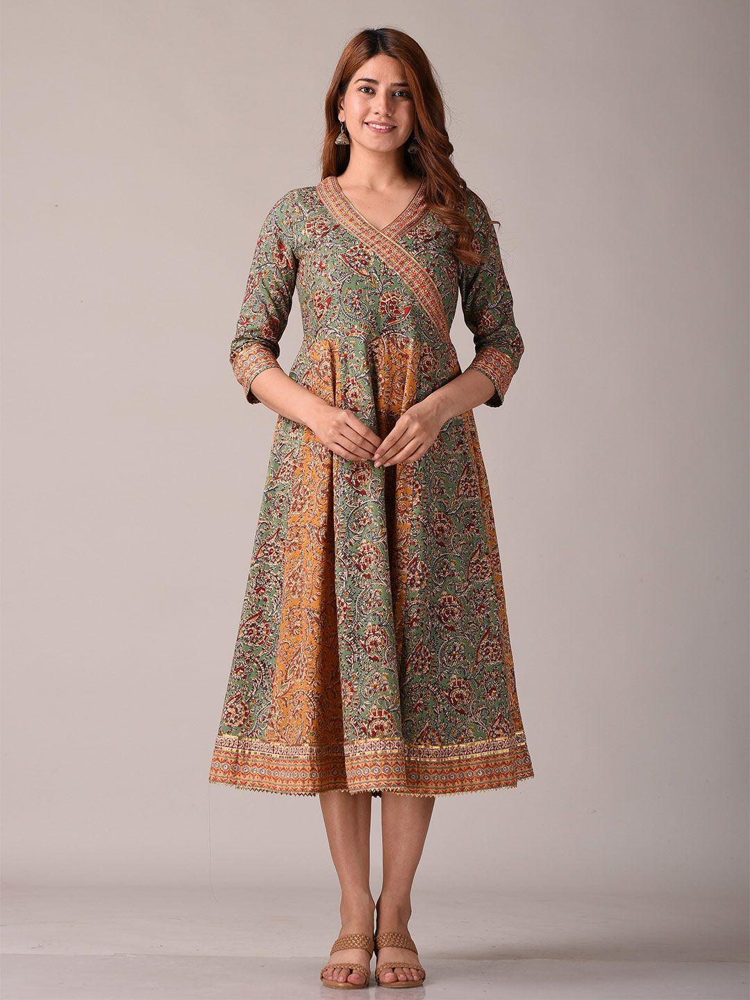 kannahi ethnic motifs printed v neck cotton fit & flare ethnic dress