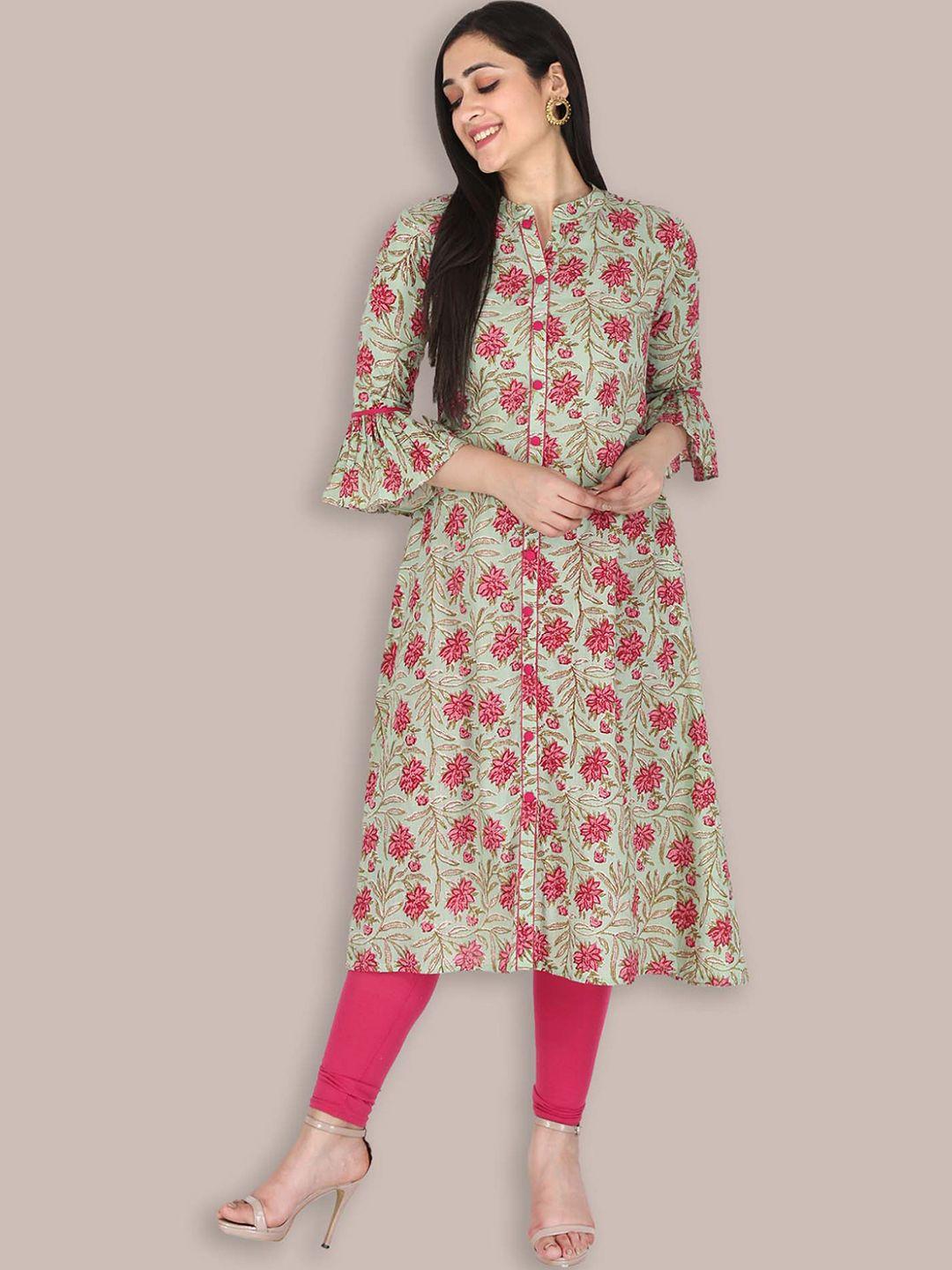 kannahi floral printed band collar neck bell sleeves cotton a-line kurta