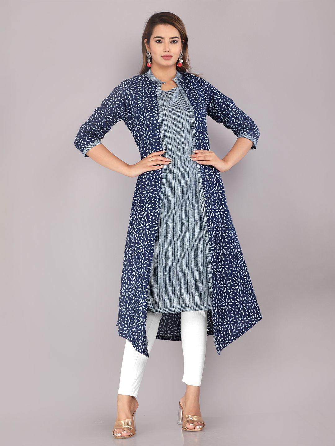 kannahi geometric printed band collar cotton kurta with shrug