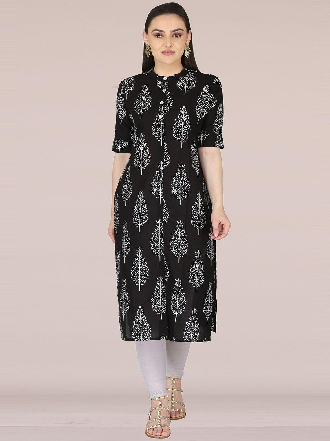 kannahi women black & white ethnic motif printed pure cotton kurta