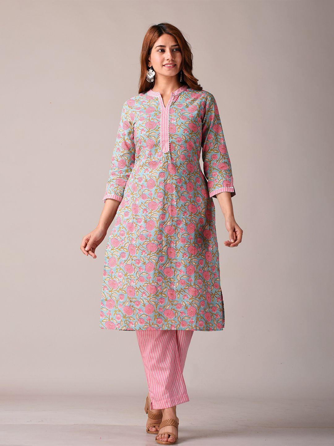 kannahi women blue & pink floral printed pure cotton kurta