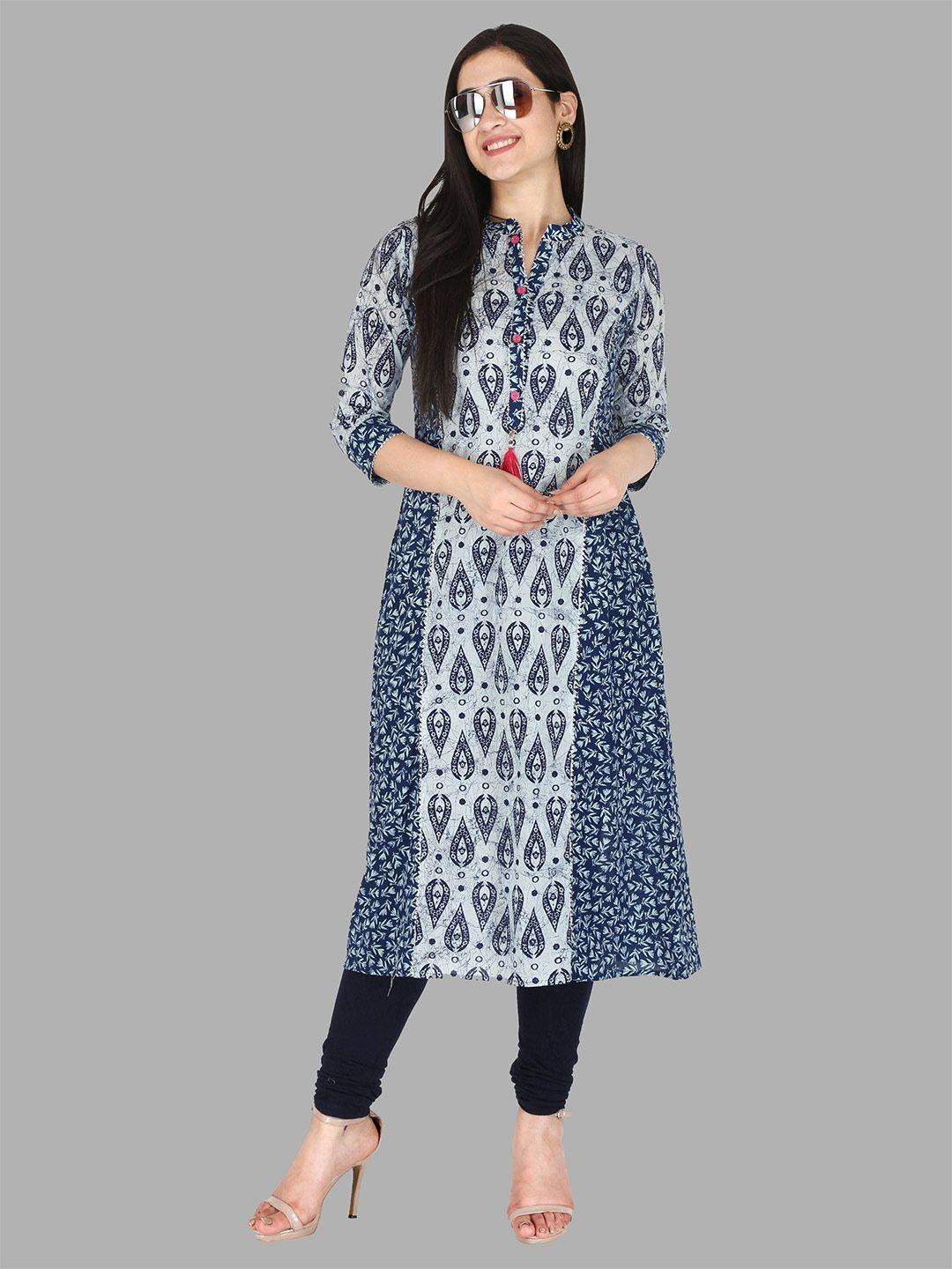 kannahi women blue & white ethnic motifs printed gotta patti kurta