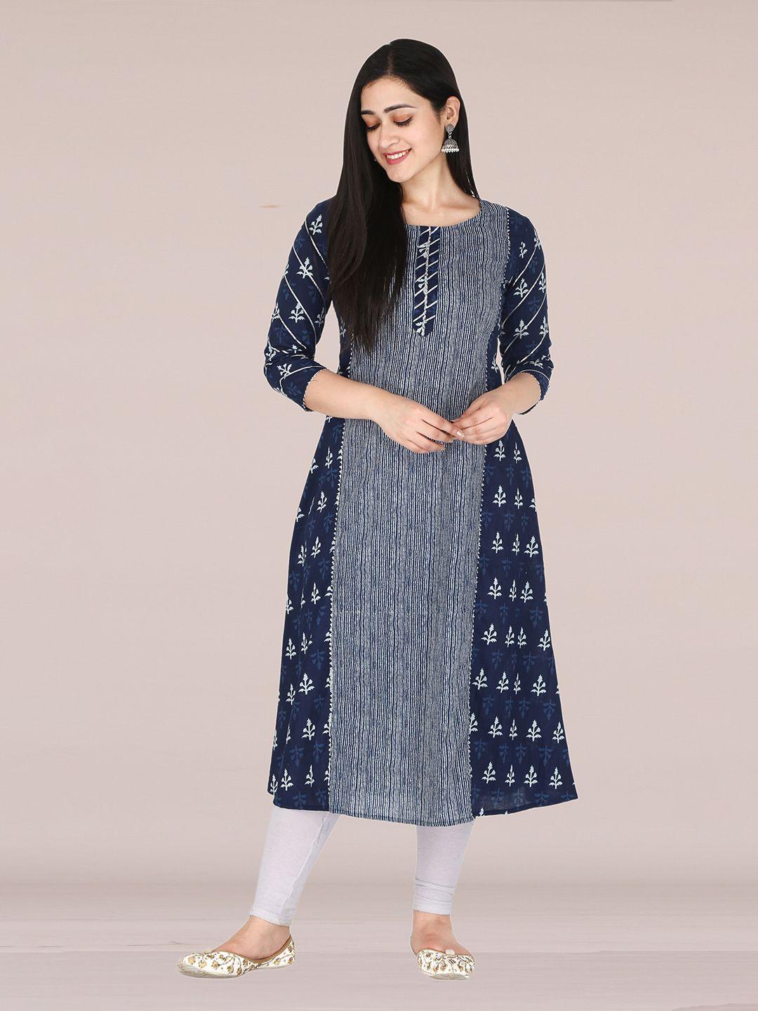 kannahi women blue & white ethnic motifs printed indigo kurta