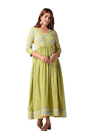 kannahi women floral printed yellow gown jaipuri sanganeri printed pure cotton dress casual wear maxi dress (yellow)