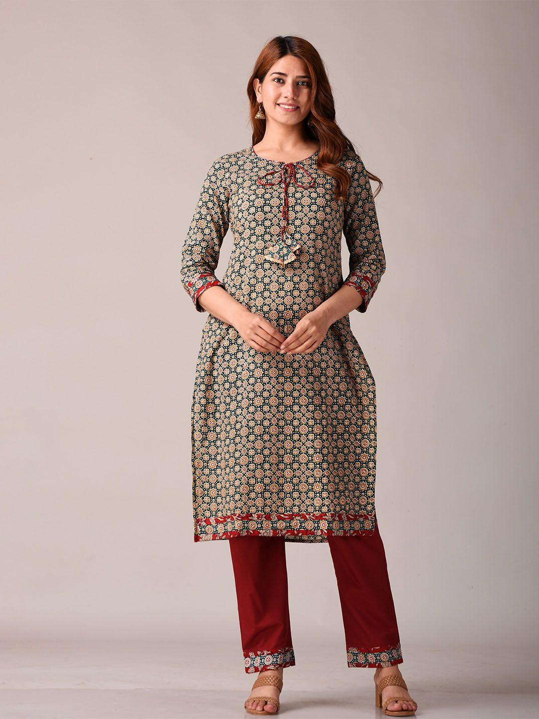 kannahi women green & beige floral printed kurta