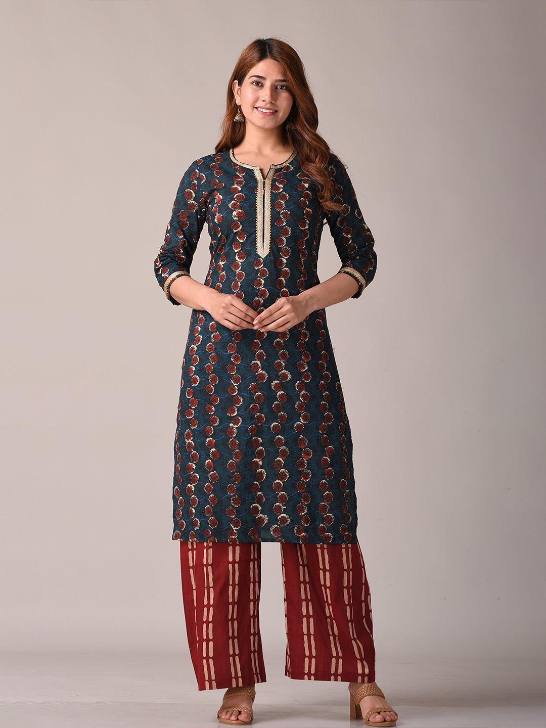 kannahi women green & maroon floral printed gotta patti kurta