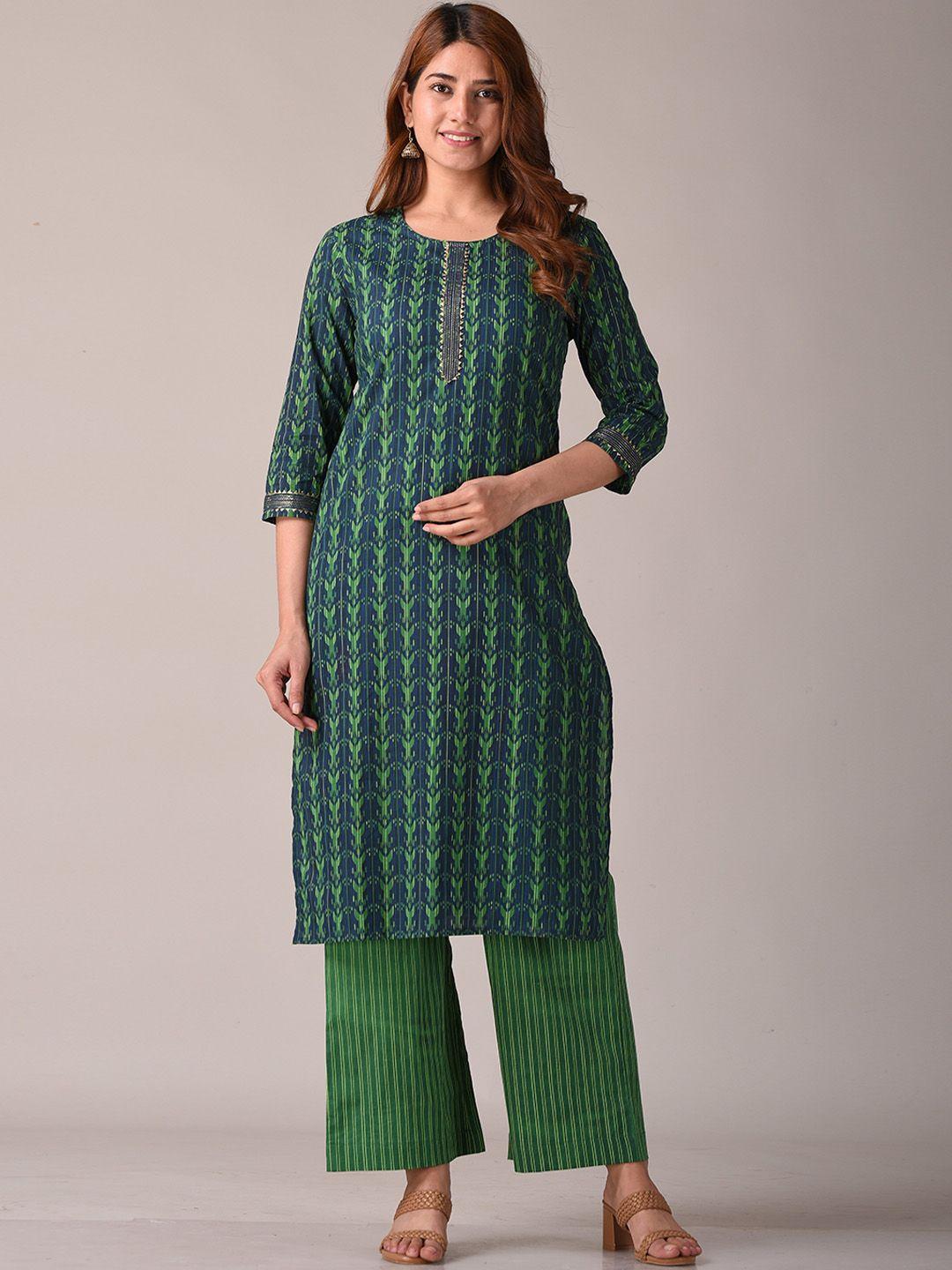 kannahi women green floral printed indie prints cotton kurta