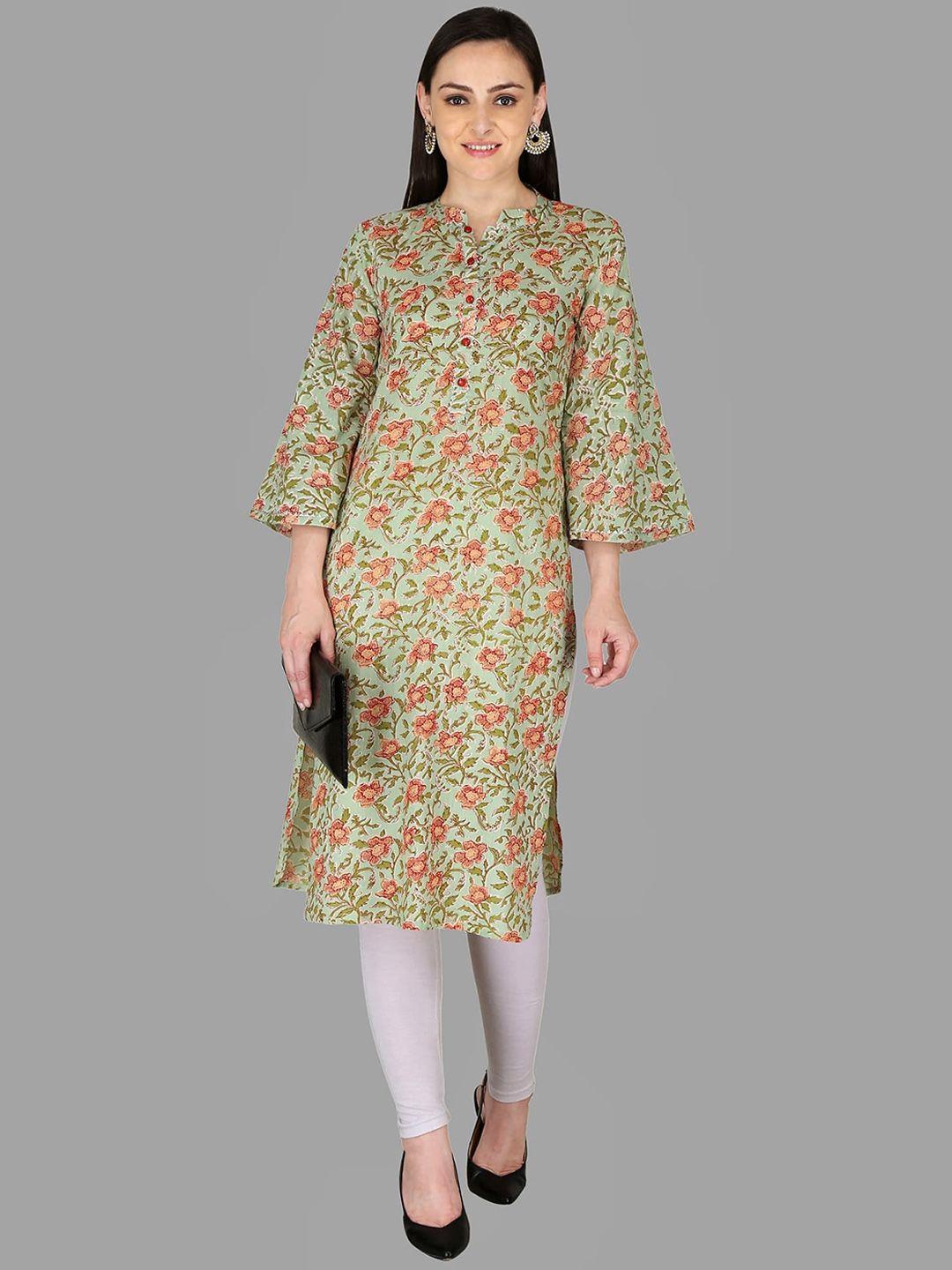 kannahi women lime green floral printed cotton kurta