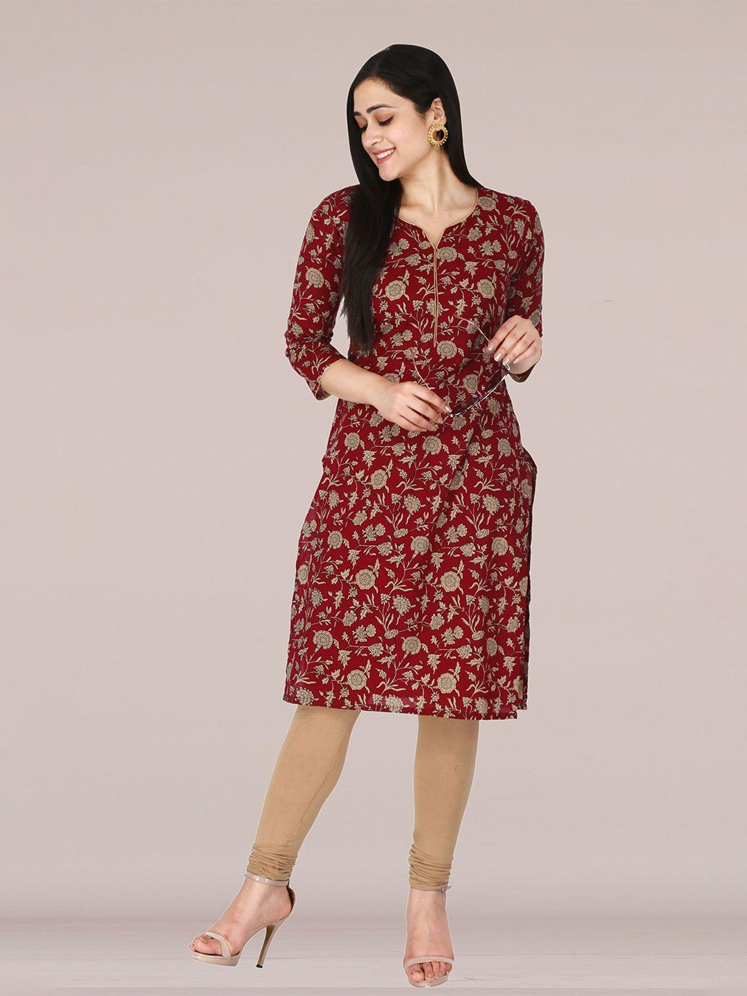 kannahi women maroon & beige ethnic motifs printed kurta