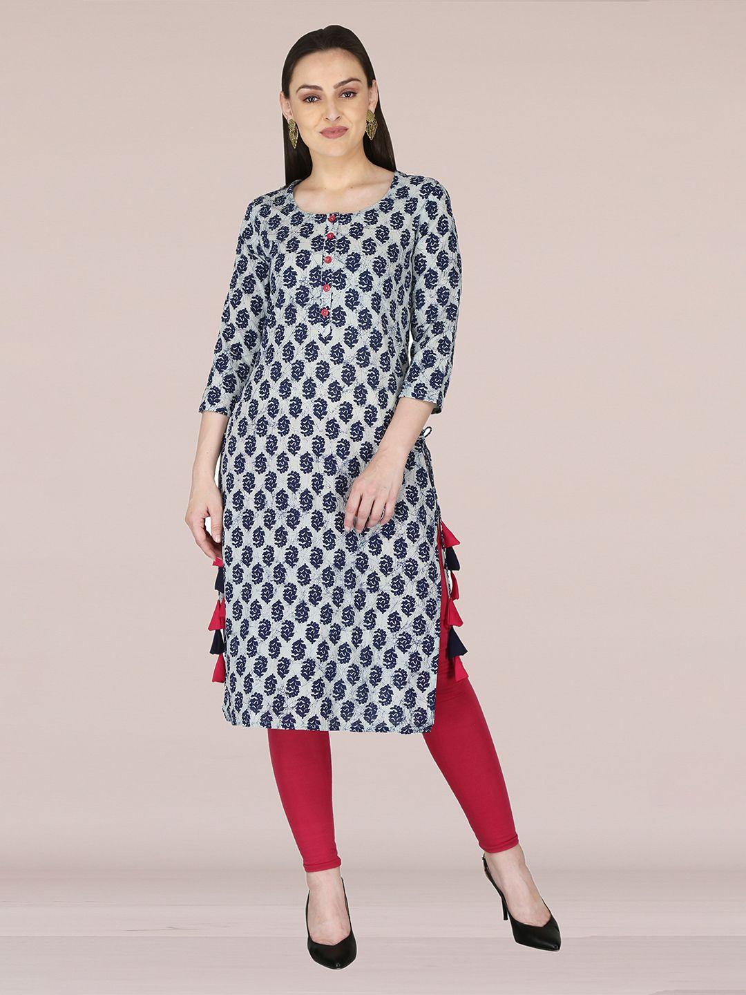 kannahi women navy blue & grey ethnic motifs printed kurta