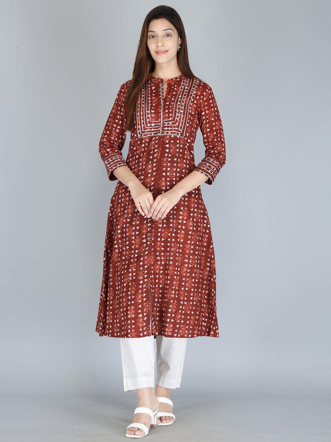 kannahi women rust & white cotton geometric printed gotta patti kurta