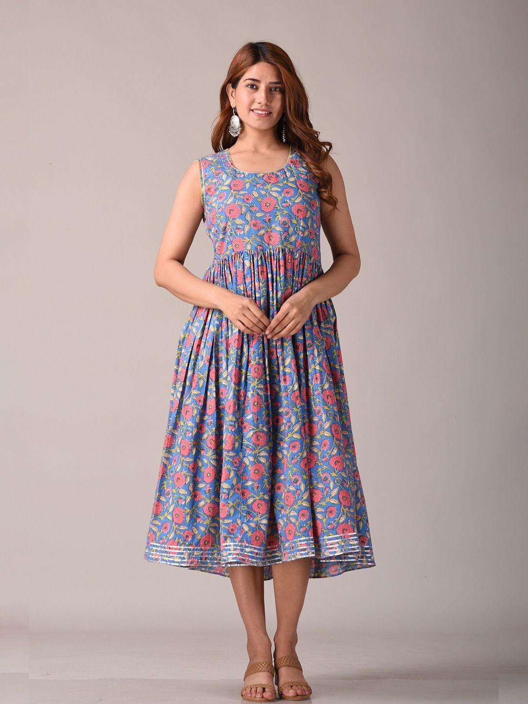 kannahi women turquoise blue & pink floral midi dress