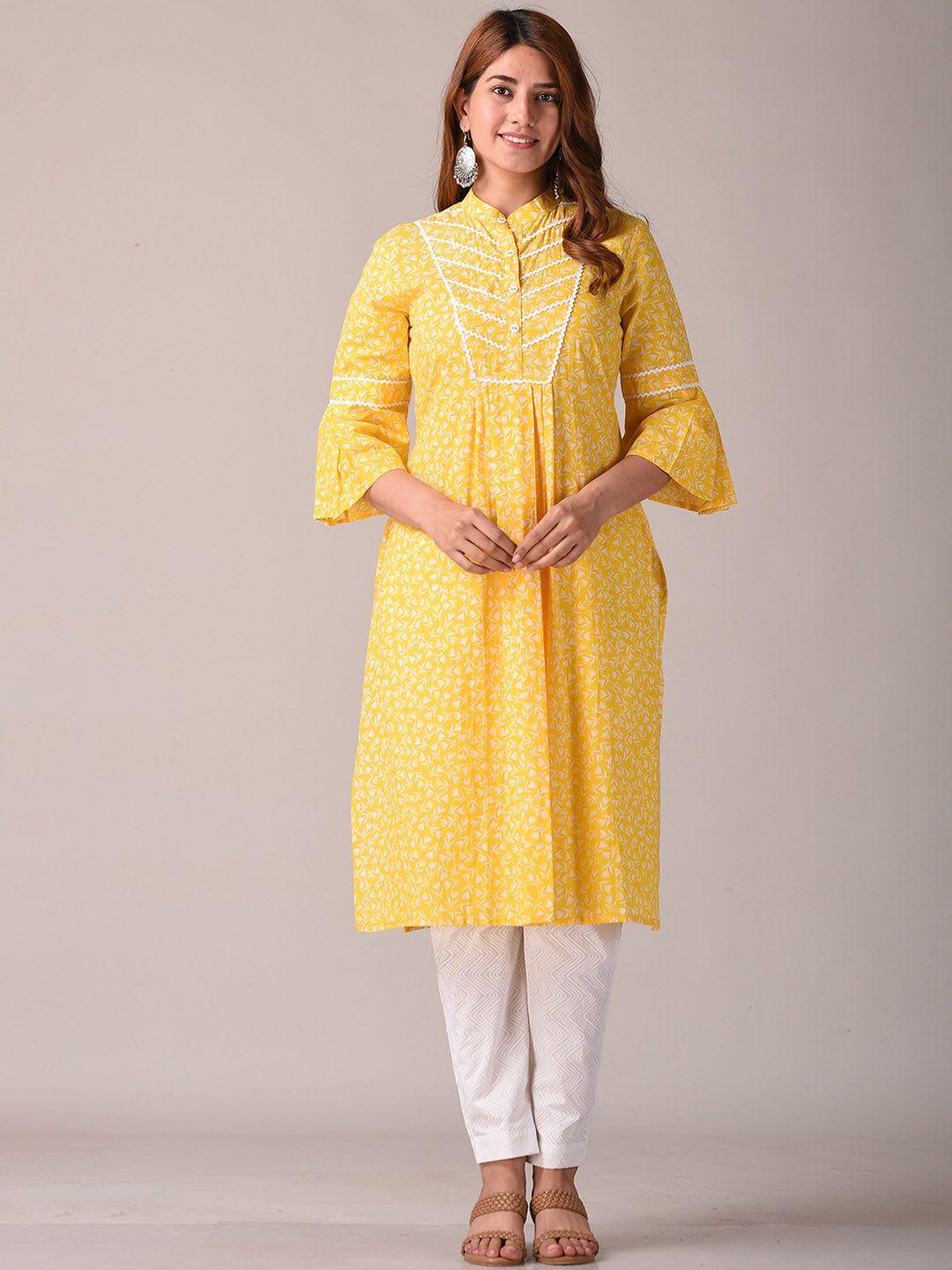 kannahi women yellow floral printed flared sleeves floral cotton kurta