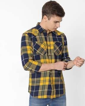 kant checked slim fit shirt with patch pockets