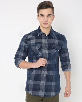 kant cord checked slim fit shirt with buttoned flap pockets
