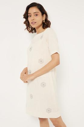 kantha embroidery cotton flex dress - off white