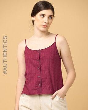 kantha embroidered dobby weave round neck sleeveless causal cotton top