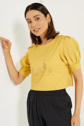 kantha embroidery crop top - mustard