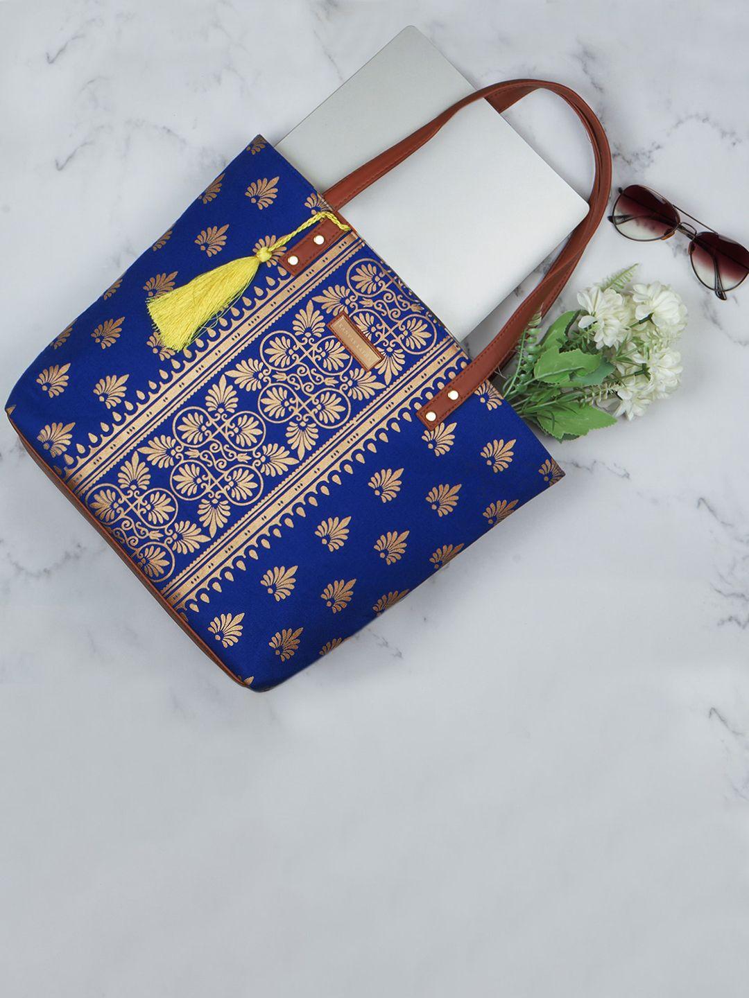 kanvas katha blue ethnic motifs printed oversized half moon tote bag